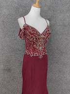 Vintage Burgundy Spaghetti Strap V-Neck Beaded Chiffon Long Formal Prom Dress