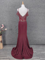 Vintage Burgundy Spaghetti Strap V-Neck Beaded Chiffon Long Formal Prom Dress