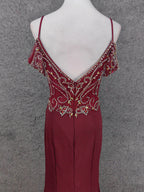 Vintage Burgundy Spaghetti Strap V-Neck Beaded Chiffon Long Formal Prom Dress