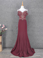 Vintage Burgundy Spaghetti Strap V-Neck Beaded Chiffon Long Formal Prom Dress