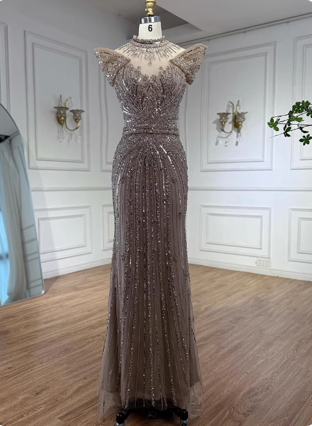 Vintage Champagne Brown Mermaid Stand Collar Shoulder Sleeve Full Diamond Sequin Tulle Long Formal Prom Dress Secondary image