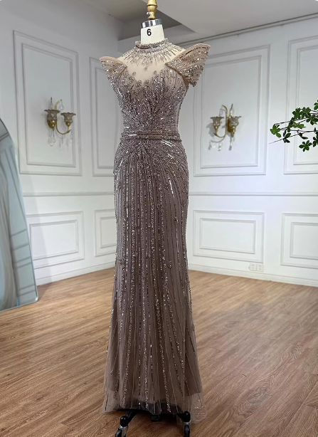 Vintage Champagne Brown Mermaid Stand Collar Shoulder Sleeve Full Diamond Sequin Tulle Long Formal Prom Dress