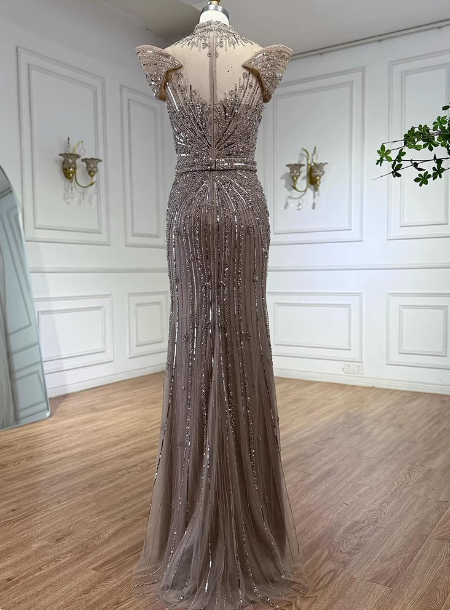 Vintage Champagne Brown Mermaid Stand Collar Shoulder Sleeve Full Diamond Sequin Tulle Long Formal Prom Dress