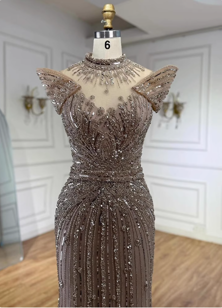 Vintage Champagne Brown Mermaid Stand Collar Shoulder Sleeve Full Diamond Sequin Tulle Long Formal Prom Dress