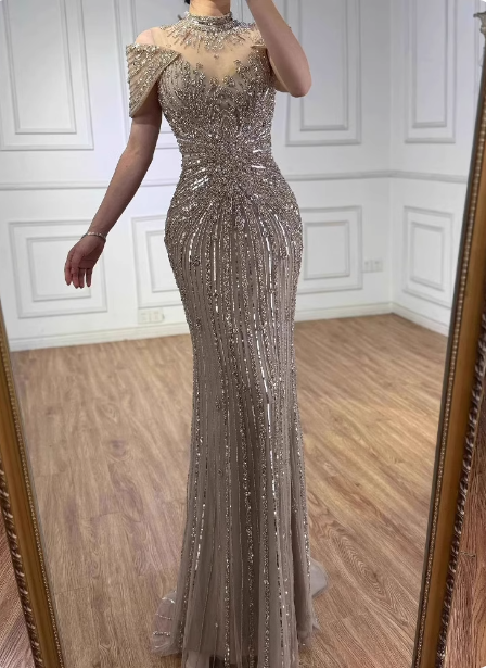 Vintage Champagne Brown Mermaid Stand Collar Shoulder Sleeve Full Diamond Sequin Tulle Long Formal Prom Dress Main image