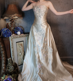Vintage Champagne Gold A-Line Strapless Embroidered Satin Train Formal Prom Dress