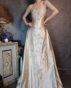 Vintage Champagne Gold A-Line Strapless Embroidered Satin Train Formal Prom Dress