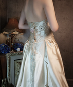 Vintage Champagne Gold A-Line Strapless Embroidered Satin Train Formal Prom Dress