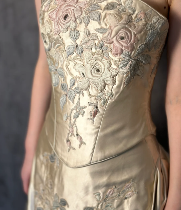 Vintage Champagne Gold A-Line Strapless Embroidered Satin Train Formal Prom Dress