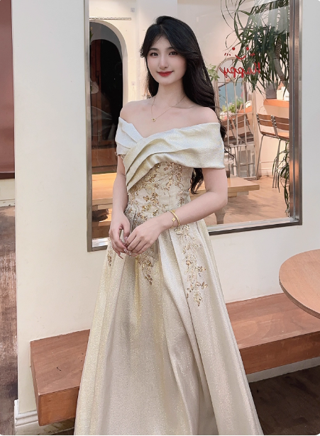 Vintage Champagne Gold Off-The-Shoulder Embroidered Satin Long Formal Prom Dress
