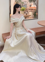 Vintage Champagne Gold Off-The-Shoulder Embroidered Satin Long Formal Prom Dress