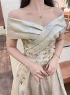 Vintage Champagne Gold Off-The-Shoulder Embroidered Satin Long Formal Prom Dress
