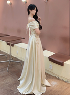 Vintage Champagne Gold Off-The-Shoulder Embroidered Satin Long Formal Prom Dress