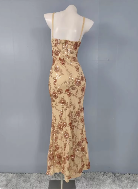 Vintage Champagne Gold Spaghetti Strap V-Neck Rose Sequin Long Formal Prom Dress Secondary image