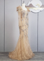 Vintage Champagne Mermaid Long Sleeve Square Neck Feather Beaded Tulle Long Formal Prom Dress