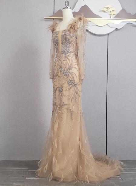 Vintage Champagne Mermaid Long Sleeve Square Neck Feather Beaded Tulle Long Formal Prom Dress