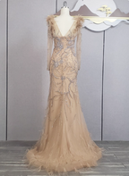 Vintage Champagne Mermaid Long Sleeve Square Neck Feather Beaded Tulle Long Formal Prom Dress