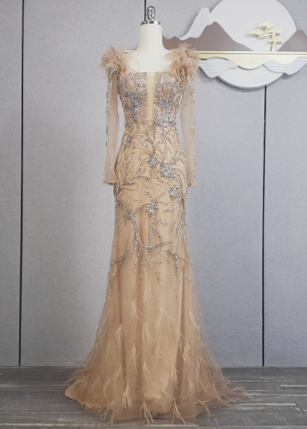 Vintage Champagne Mermaid Long Sleeve Square Neck Feather Beaded Tulle Long Formal Prom Dress Main image