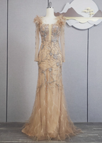Vintage Champagne Mermaid Long Sleeve Square Neck Feather Beaded Tulle Long Formal Prom Dress
