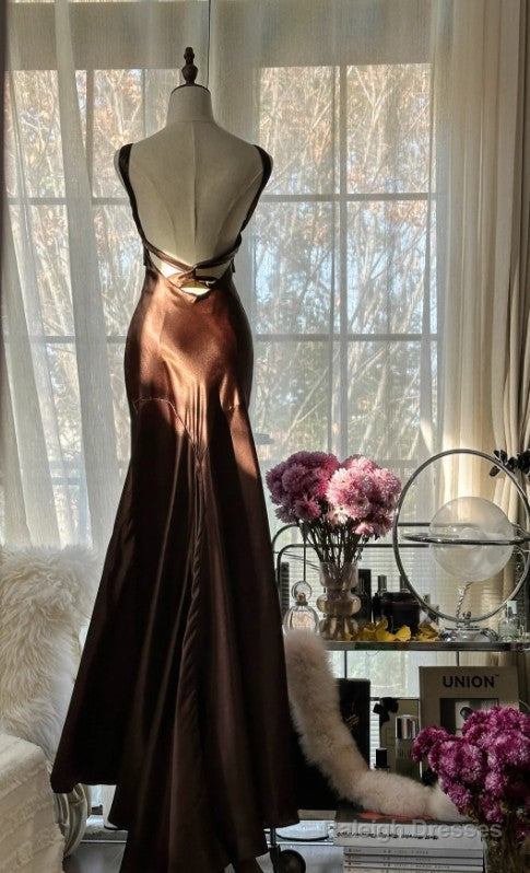 Vintage Chocolate Mermaid Sweetheart Neck Satin Prom Dresses Long Elegant Prom Gowns