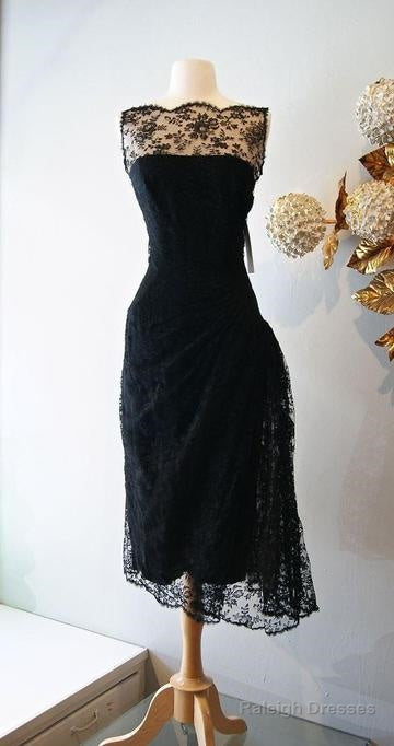 Vintage Cocktail Dresses Black Lace Prom Dress Sheer Bateau Neck Tea Length Evening Gowns Main image