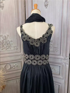 Vintage Court Black Embroidery Circular Pattern Black Diamond Chiffon Long Formal Prom Dress