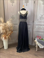 Vintage Court Black Embroidery Circular Pattern Black Diamond Chiffon Long Formal Prom Dress