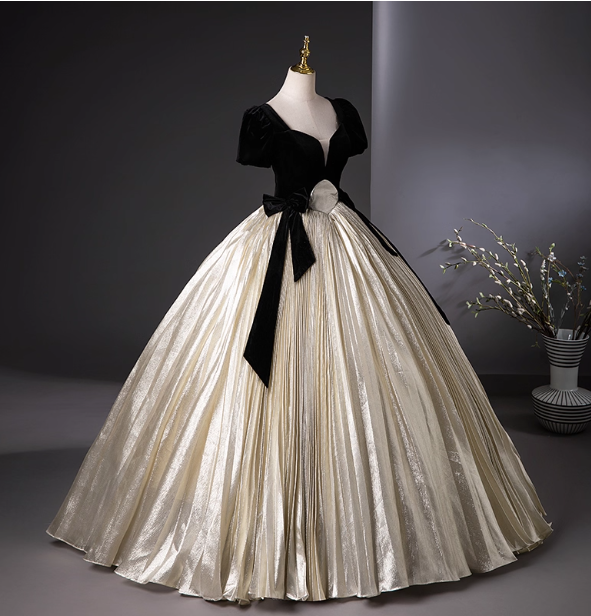 Vintage Court Black & Gold Color Block Bowknot Puff Sleeve Velvet Satin Ball Gown Prom Dress Sweet 16 Dress Secondary image