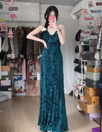 Vintage Court Dark Green V-Neck Ruffled Long Formal Prom Dress
