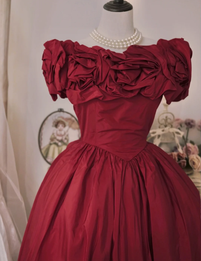 Vintage Court Red Bow Off-The-Shoulder Satin Ball Gown Prom Dress