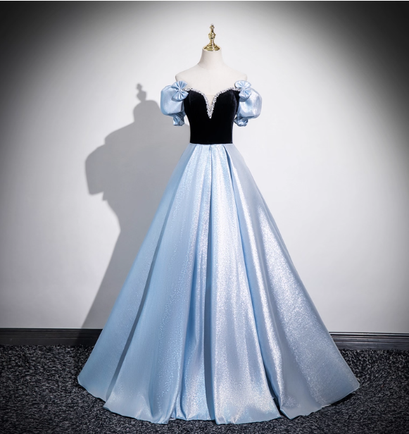Vintage Court Blue Off-Shoulder Bow Velvet Satin Long Ball Gown Prom Dress Sweet 16 Dress