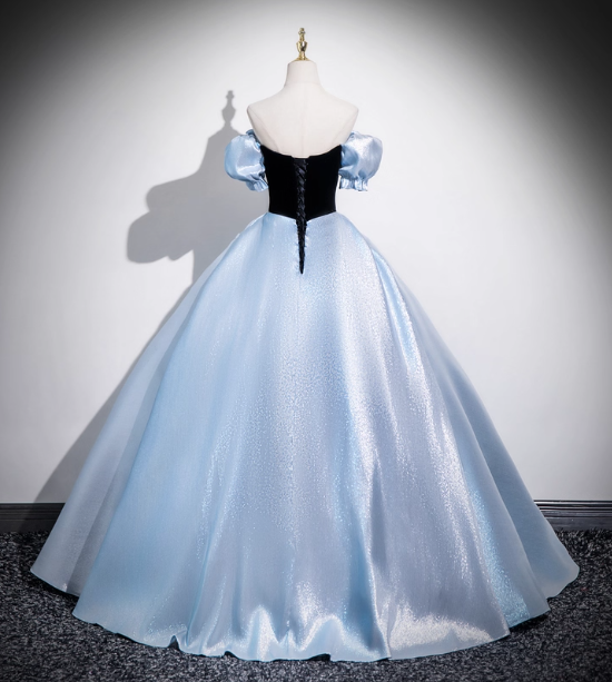 Vintage Court Blue Off-Shoulder Bow Velvet Satin Long Ball Gown Prom Dress Sweet 16 Dress