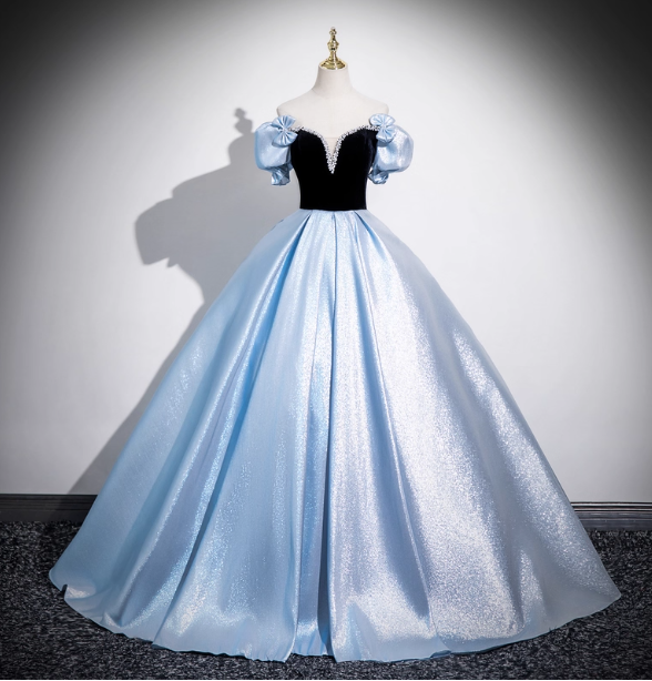 Vintage Court Blue Off-Shoulder Bow Velvet Satin Long Ball Gown Prom Dress Sweet 16 Dress