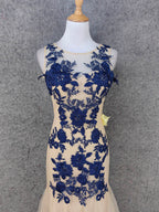 Vintage Cream Navy Mermaid Crew Neck Sleeveless Embroidered Tulle Long Formal Prom Dress