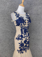 Vintage Cream Navy Mermaid Crew Neck Sleeveless Embroidered Tulle Long Formal Prom Dress