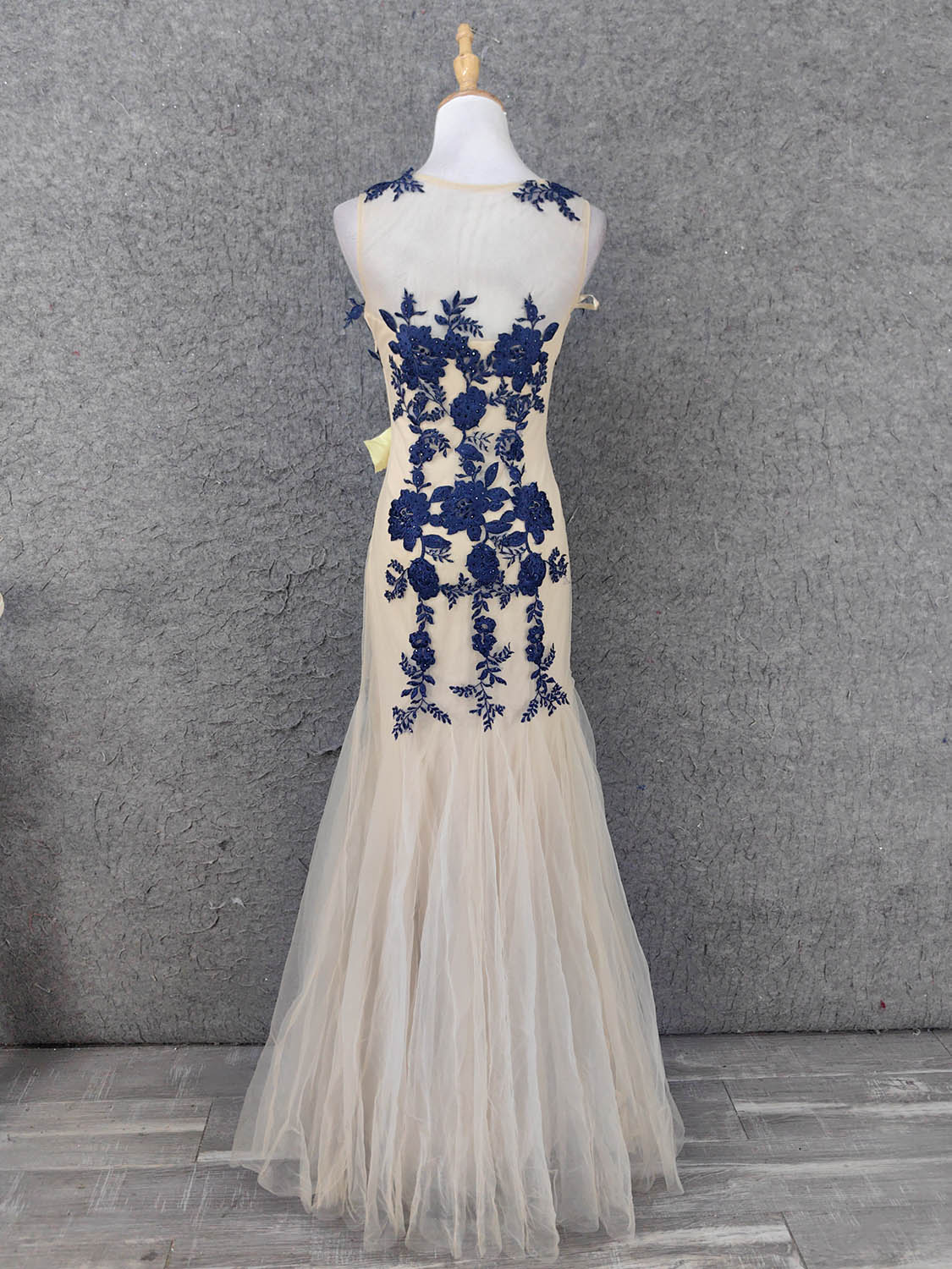 Vintage Cream Navy Mermaid Crew Neck Sleeveless Embroidered Tulle Long Formal Prom Dress