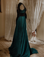 Vintage Dark Green A-Line V-Neck Bow Beaded Chiffon Long Formal Prom Dress