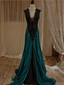Vintage Dark Green A-Line V-Neck Bow Beaded Chiffon Long Formal Prom Dress