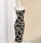 Vintage Dark Green Base Black Rose Printed Slim-Fit Spaghetti Strap Satin Formal Prom Dress