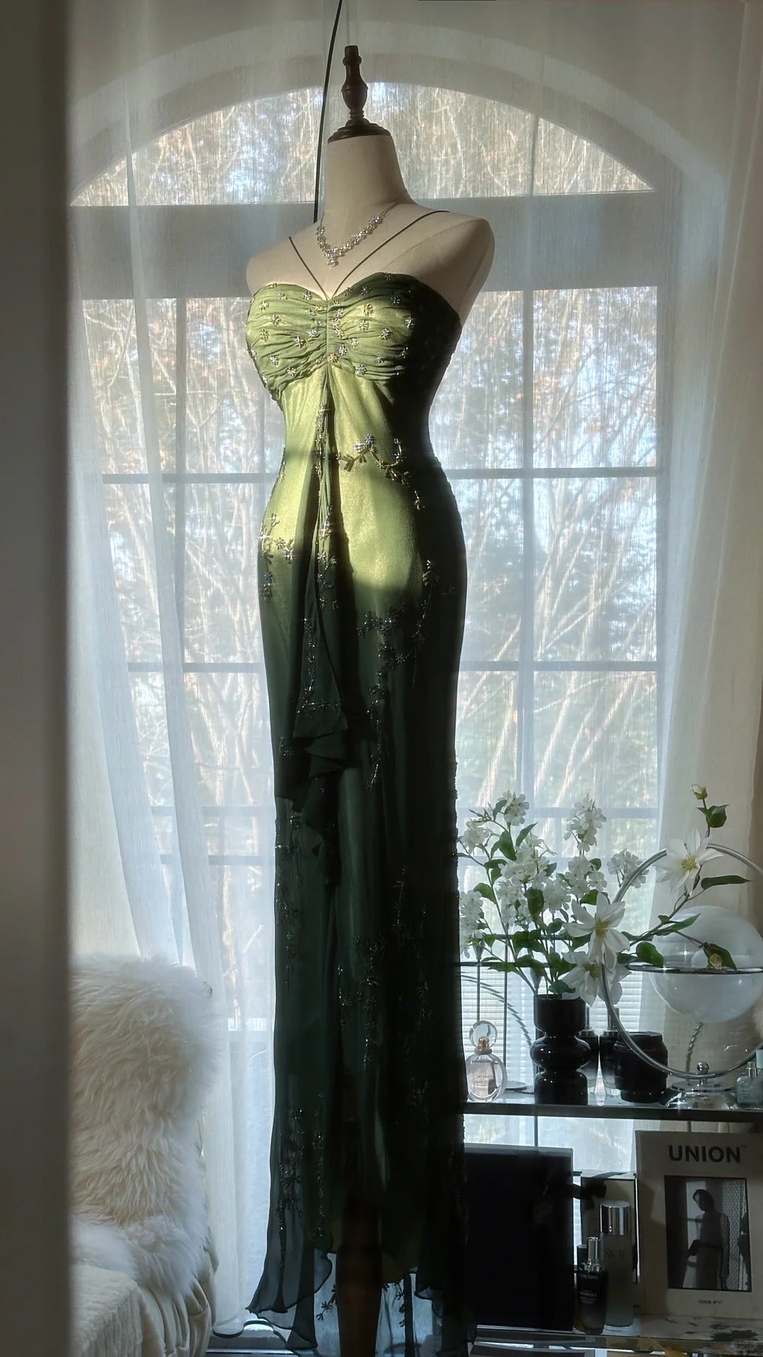 Vintage Dark Green Strapless Beaded Chiffon Mermaid Long Prom Dress