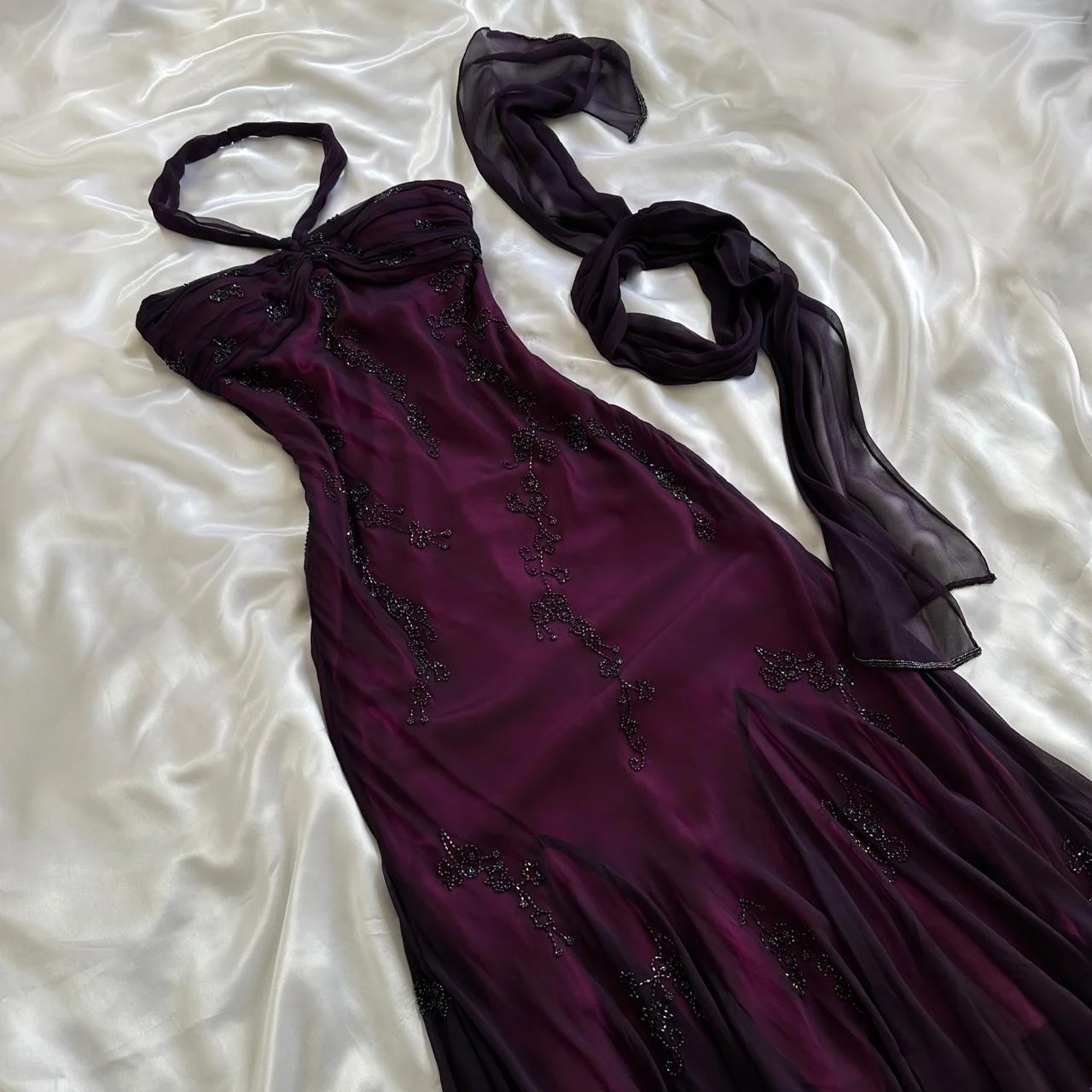 Vintage Dark Purple Halter-Neck Beaded Ruffled Charming Prom Dresses Prom Dresses Prom Dresses
