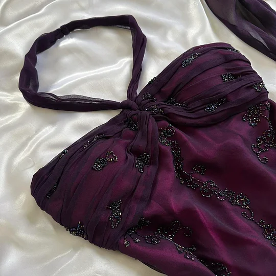 Vintage Dark Purple Halter-Neck Beaded Ruffled Charming Prom Dresses Prom Dresses Prom Dresses