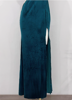 Vintage Deep Peacock Blue Mermaid V-Neck Pearl Slit Velvet Long Formal Prom Dress