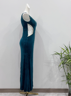 Vintage Deep Peacock Blue Mermaid V-Neck Pearl Slit Velvet Long Formal Prom Dress