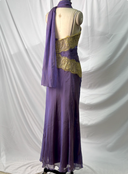 Vintage Deep Purple Gold Lace Thin Strap V-Neck Chiffon Long Formal Prom Dress Secondary image