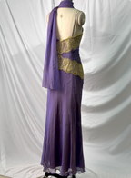 Vintage Deep Purple Gold Lace Thin Strap V-Neck Chiffon Long Formal Prom Dress