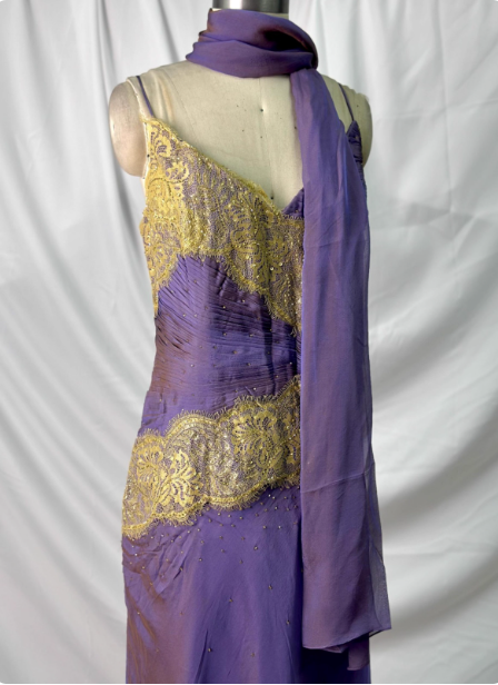 Vintage Deep Purple Gold Lace Thin Strap V-Neck Chiffon Long Formal Prom Dress