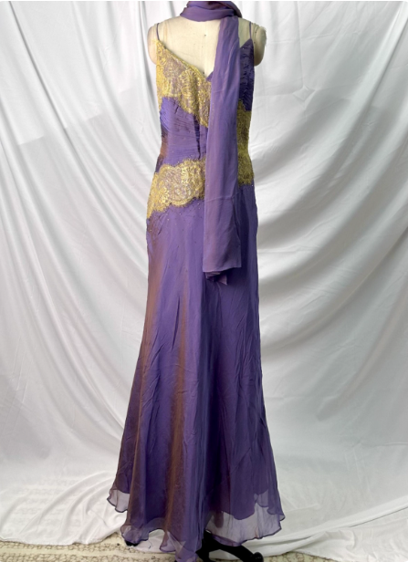 Vintage Deep Purple Gold Lace Thin Strap V-Neck Chiffon Long Formal Prom Dress