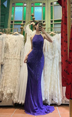 Vintage Deep Purple Mermaid Halter Neck Backless Beaded Chiffon Formal Prom Dress