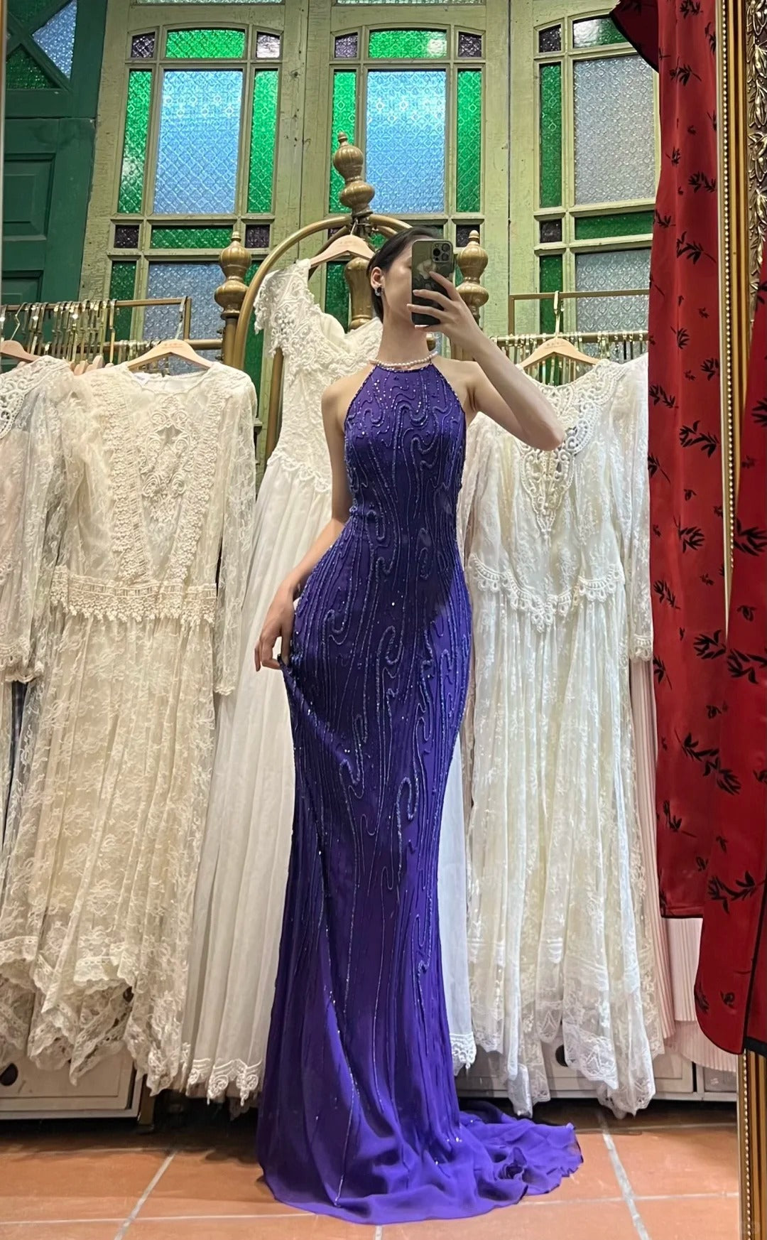 Vintage Deep Purple Mermaid Halter Neck Backless Beaded Chiffon Formal Prom Dress